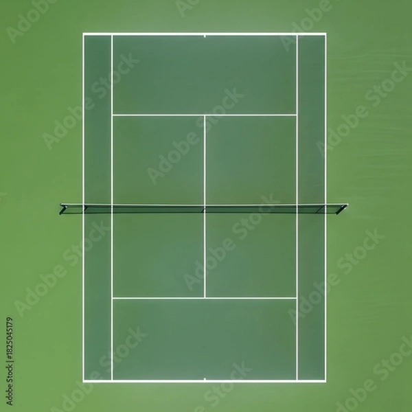 Obraz Aerial view of an empty green tennis court with a net, showcasing the geometric lines of the playing field.