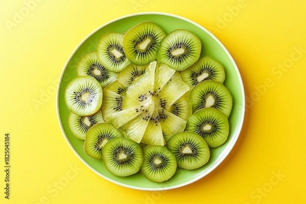 Fototapeta Fresh kiwi slices on vibrant yellow background