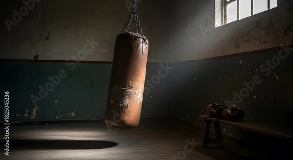 Obraz Worn punching bag and boxing gloves in an old, atmospheric gym with sunlight.