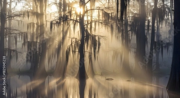 Obraz Golden sun rays pierce through the thick morning mist in a serene cypress swamp with Spanish moss.