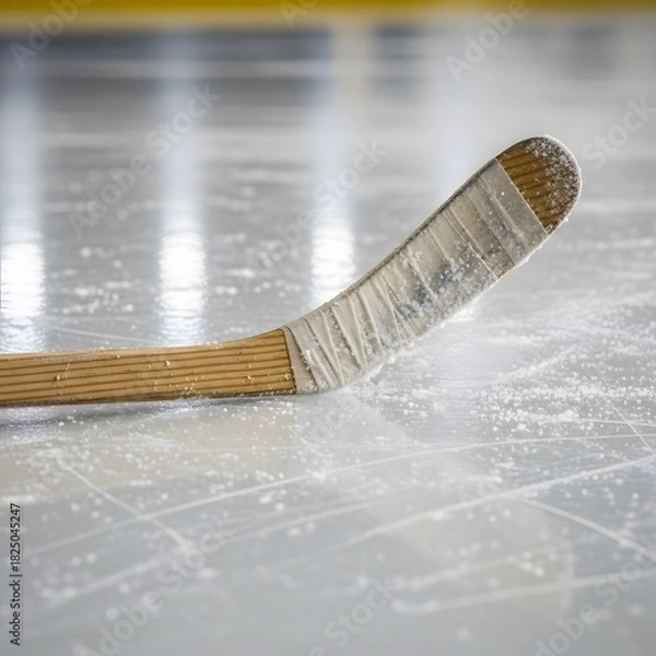 Obraz Close-up of a wooden hockey stick blade resting on a frosty ice rink surface.