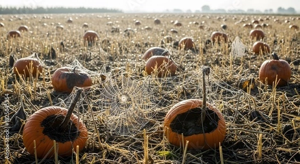 Obraz Morning dew highlights delicate spiderwebs stretched between decaying pumpkins in an expansive autumn field.