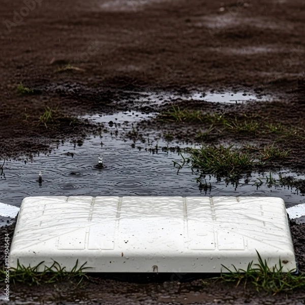 Obraz A baseball base sits on a muddy field during a heavy rain shower, with raindrops splashing in puddles around it.