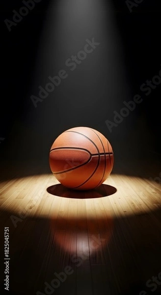 Obraz Basketball on a spotlighted wooden court, ready for the game.