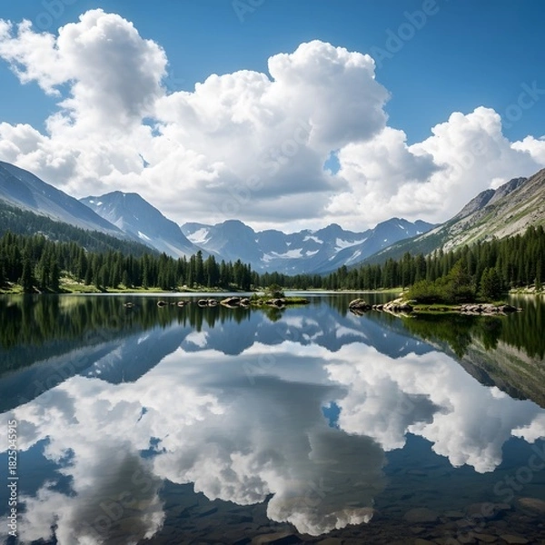 Obraz A serene mountain lake perfectly reflects the dramatic sky and surrounding alpine forest under white clouds.