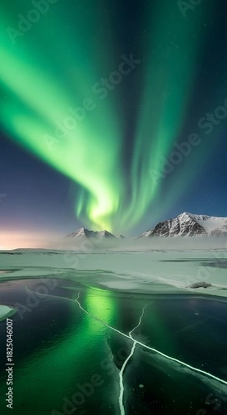Obraz Majestic Northern Lights illuminate a frozen lake and snow-capped mountains at night.