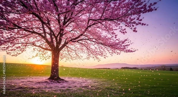 Obraz Cherry blossom tree with falling pink petals at sunset over a vibrant green field.