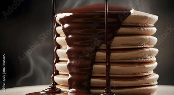 Obraz Decadent stack of fluffy pancakes generously drizzled with rich, flowing chocolate sauce.