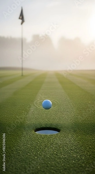 Obraz A perfect blue golf ball hovers above the hole on a serene, misty golf course at dawn.
