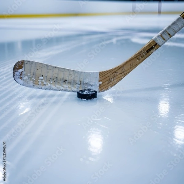 Obraz Ice hockey stick and puck resting on a perfectly smooth ice rink, illuminated by soft arena lights, ready for competitive play.