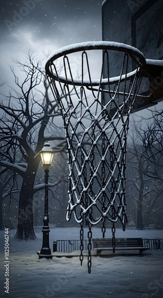 Obraz Snow-covered basketball hoop in a peaceful winter park at night, illuminated by a warm street lamp.