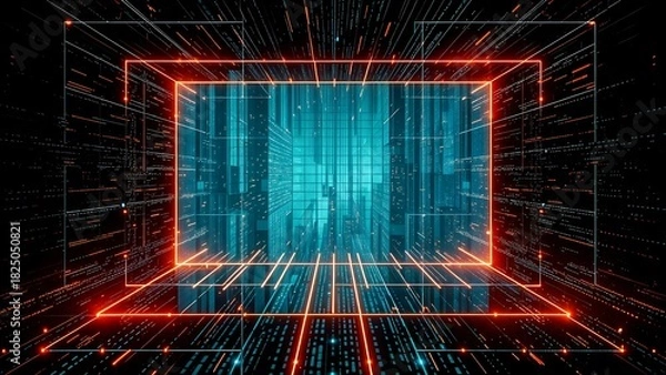 Obraz digital tunnel portal gateway cyberspace, virtual neon sci-fi motion speed endless cityscape