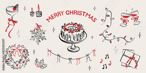 Obraz Vintage chalk-style Christmas celebration sketch with festive table, champagne glasses, wrapped gifts, holiday decorations, and charming hand-drawn winter dinner elements