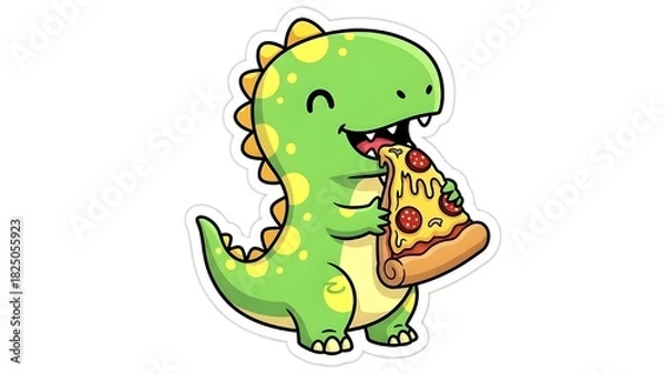 Obraz A cute, stylized green dinosaur with yellow spots and spikes is happily eating a large slice of pepperoni pizza. It has a friendly, smiling expression and is drawn in a cartoon sticker style.