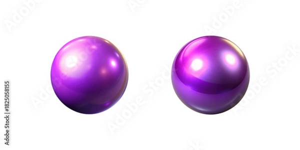 Fototapeta Two glossy purple metallic spheres isolated on transparent background. Rich violet chrome finish with bright white highlights and subtle pink-magenta reflections.