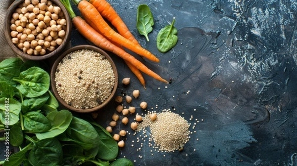 Fototapeta A nutrient-rich composition featuring fresh spinach, whole carrots, and bowls of chickpeas and quinoa on a dark, textured background. Emphasizing plant-based protein and healthy eating