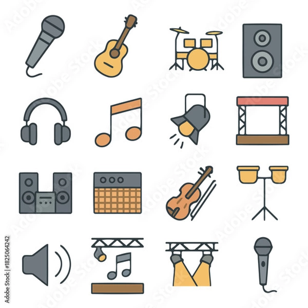 Obraz Music Elements Icons Set: A vibrant collection of musical instruments and stage elements, capturing the essence of sound, performance, and the creative spirit of music.