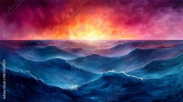 Fototapeta Vibrant ocean sunset over rolling waves