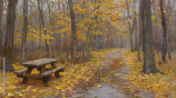 Obraz Autumn Forest Path with Picnic Table