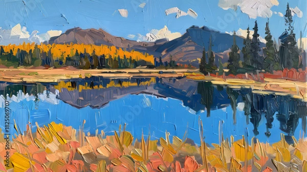 Fototapeta Abstract mountain landscape with lake reflection