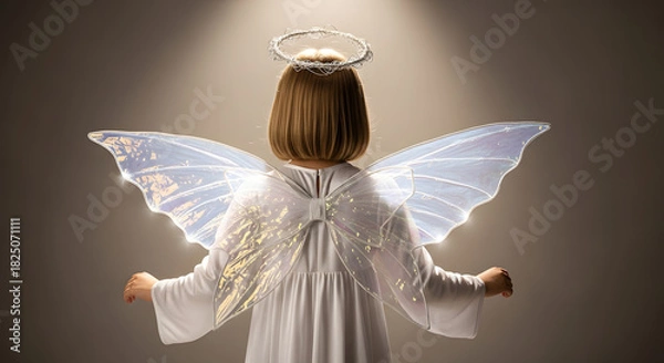 Fototapeta Child with back turned, dressed as an angel, translucent wings reflecting soft white light, background with artificial snow and Christmas bokeh