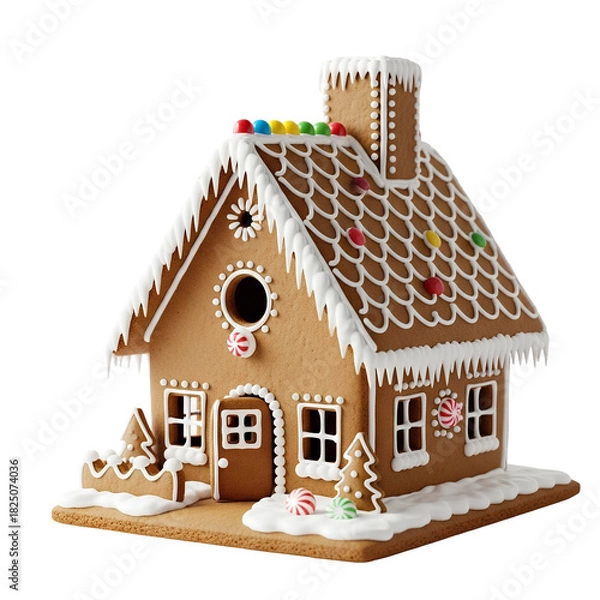 Obraz Gingerbread house PNG with transparent background, festive Christmas cookie decoration cutout for holiday design, winter graphics, seasonal baking themes, and cozy creative projects