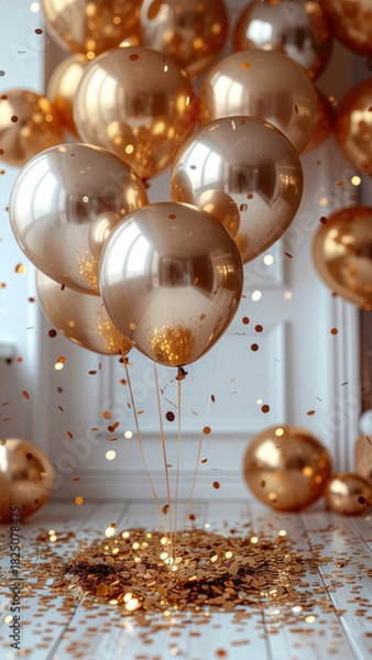 Obraz Gold balloon background holiday celebration with confetti and reflective party decorations creating joyful festive atmosphere