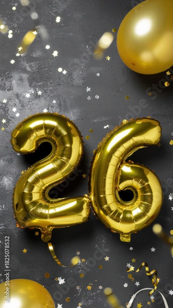 Obraz Gold foil number balloons 26 against dark background with confetti ribbon and holiday sparkle creating festive mood