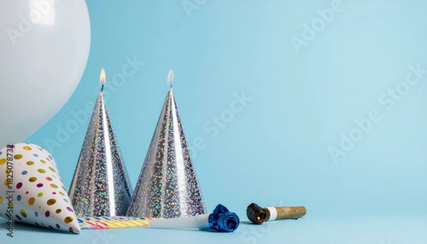 Obraz Sparkling party hat background balloon holiday celebration with candles and no people in minimalist blue scene