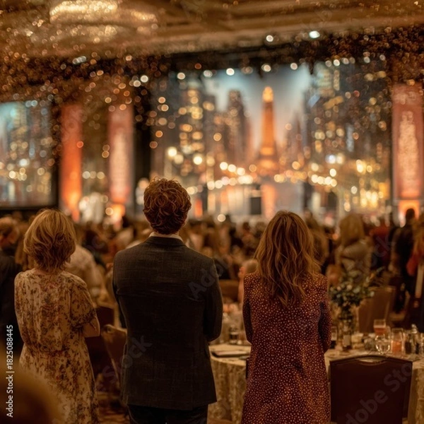 Obraz Audience views stage at gala; confetti, city backdrop, elegant crowd