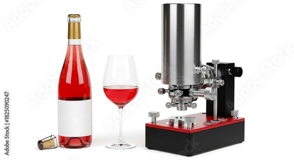 Fototapeta A bottle of red wine and a wine glass next to a metallic laboratory device.