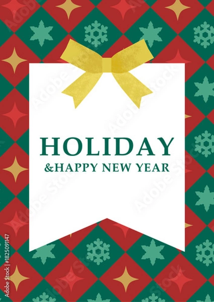 Obraz HOLIDAY ＆ HAPPY NEW YEAR｜クリスマスリボン付き冬のグリーティングカードデザイン（縦）ベクター素材 コピースペース