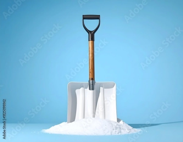 Obraz A snow shovel stands upright in a pile of white snow against a blue background.