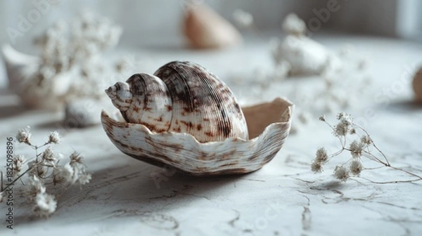 Fototapeta Arrangement of seashells and delicate gypsophila flowers, beach memories concept