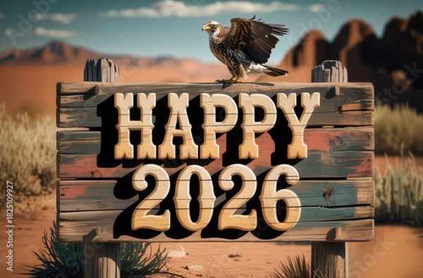 Fototapeta Western-style wooden sign with Happy 2026 written on it and a young eagle on it