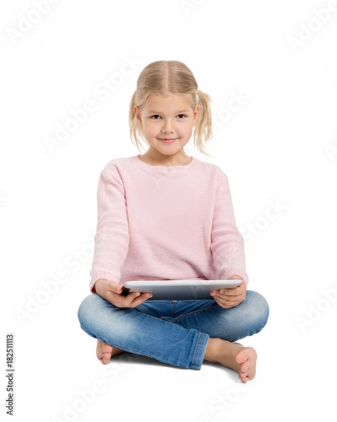 Obraz Young cheerful girl sitting with digital tablet