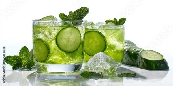 Fototapeta Fresh cucumber mint summer beverage with ice