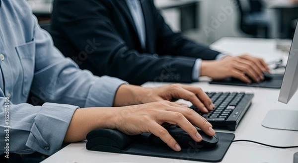 Obraz Close-up of hands typing on computer keyboard and using mouse
