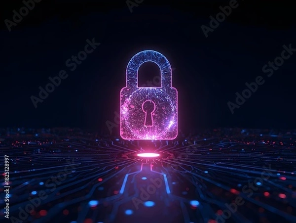 Fototapeta Digital security padlock made from floating circuitry lights on a dark high-tech background.
