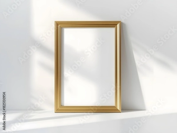 Fototapeta Simple gold picture frame mockup standing against a clean, neutral background.