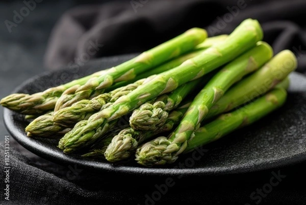 Fototapeta Vibrant green asparagus spears displayed on a matte black plate, warm light illuminating the texture, conveying a sense of freshness and healthy living
