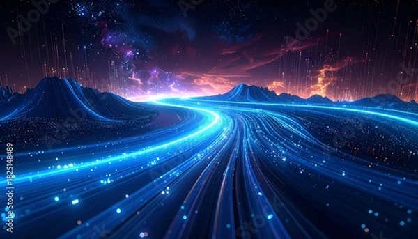 Obraz Glowing blue energy path winds through a fantastical landscape beneath a starry, colorful sky