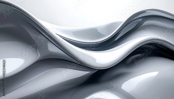 Fototapeta Glossy, flowing silver abstract design with curved shapes and light reflections