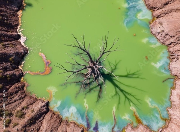 Fototapeta Dead tree submerged in toxic polluted green lake