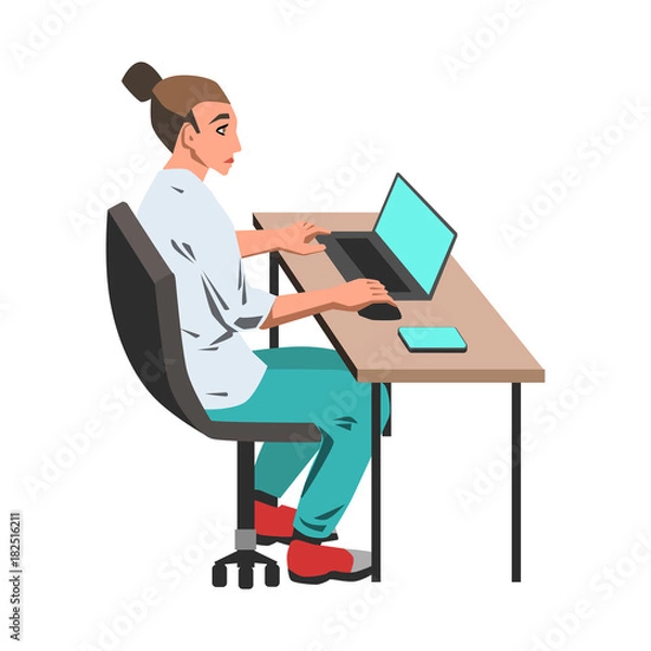 Fototapeta Woman working on her laptop by the desk illustration on white background