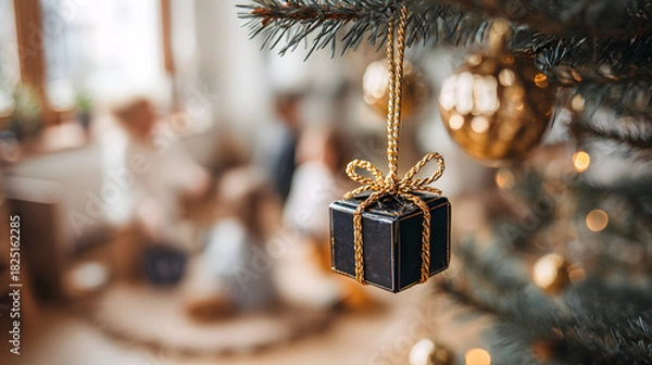 Obraz Small black gift box hanging on Christmas tree with family background