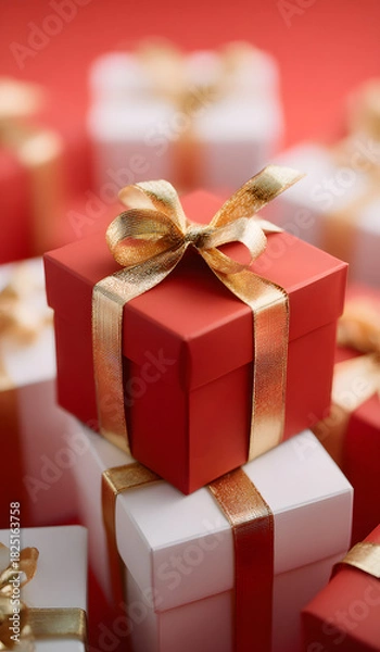 Obraz Red gift box with golden ribbon among elegant white presents