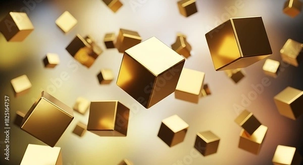 Obraz Golden cubes floating in space, elegant modern abstraction with warm diffused lighting and shimmering surfaces