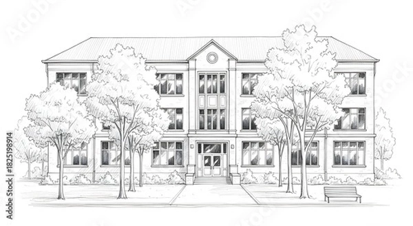Fototapeta Sketch of a classic twostory school building with surrounding trees