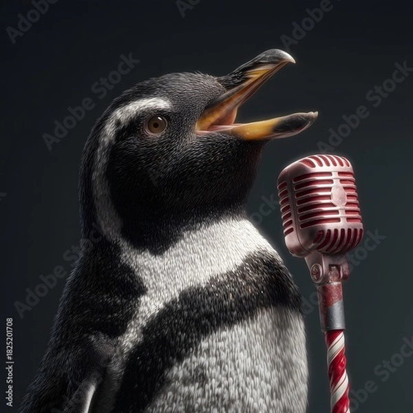 Obraz Penguin Sings into Vintage Microphone